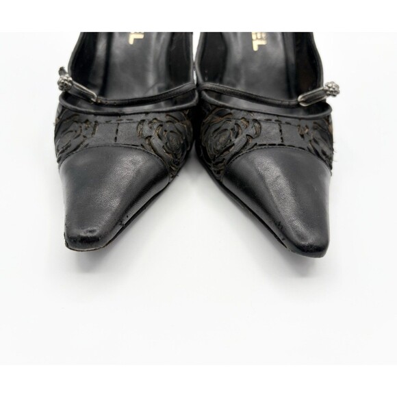 Chanel Black Leather Mary Jane Pointed Toe Heels w/ Camellia Accents Sz EU 38 8 - Picture 5 of 13